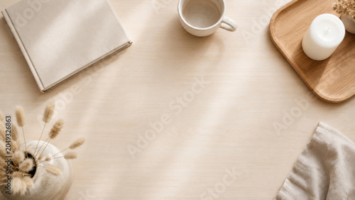 Minimal workspace wooden table coffee cup open book candle dried grass soft light cozy mood top view of minimal workspace wooden table with coffee