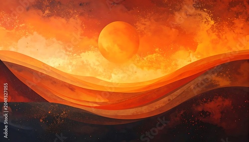 A vibrant orange sunset over wavy landscape