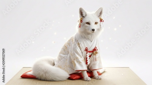 A cute white fox wearing a traditional Japanese kimono sitting on a red cushion.