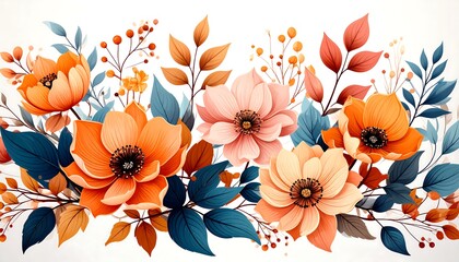 Vivid floral border with blooming flowers and vibrant, leafy accents