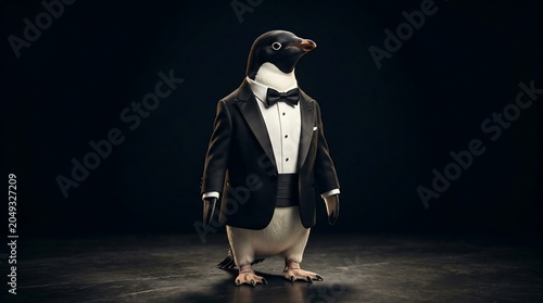 A dapper penguin dressed in a formal black tuxedo suit.