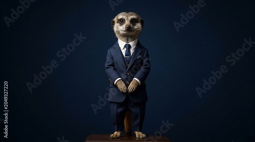 A dapper meerkat dressed in a formal suit and tie.