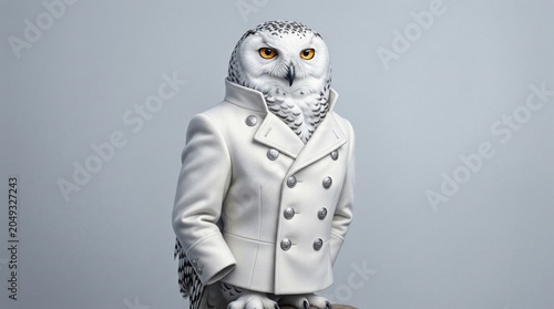 A dapper snowy owl dressed in a stylish white military style coat.