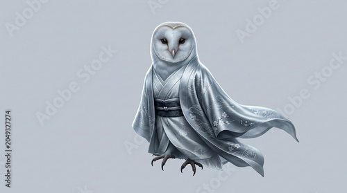 A digital illustration of a majestic barn owl wearing a flowing white cloak.