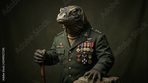 A dignified komodo dragon dressed in a formal military general uniform with medals.