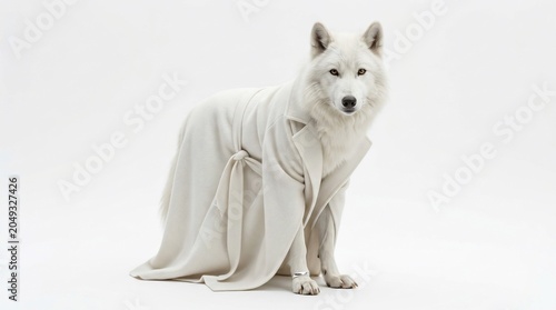 A fluffy white dog wearing a cozy bath robe standing on a white background.