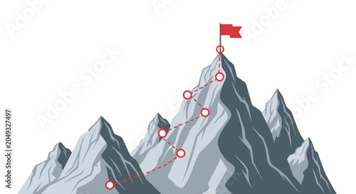 Concept of achieving goals showing a winding path leading to a red flag at the summit of a tall grey mountain range.