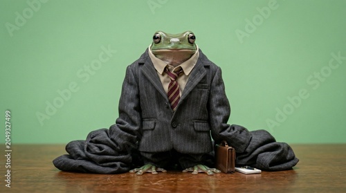 A funny frog dressed in a professional business suit sitting at a desk.