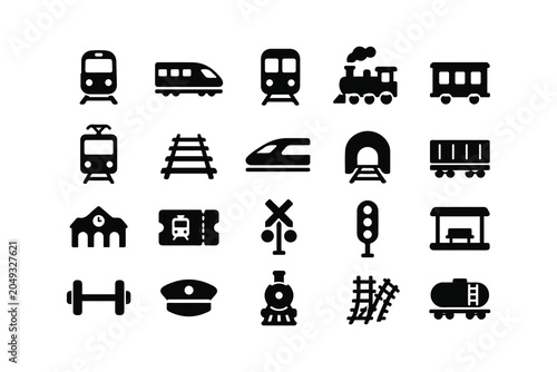 Black train icons set with railway signs and symbols Vector