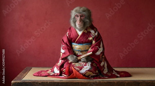 A macaque monkey wearing a traditional Japanese red kimono sitting on a tatami mat.