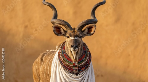 A Majestic Greater Kudu Wearing Traditional African Jewelry and Cloth.
