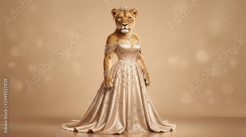 A majestic lioness wearing a beautiful sparkling golden wedding dress in a studio setting.