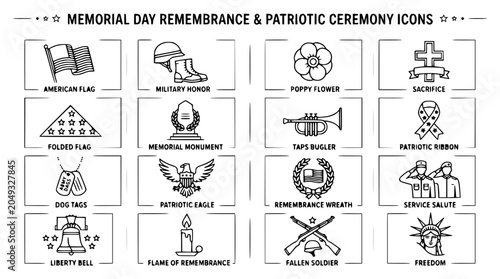 Tableau sur toile Memorial Day & Patriotic Icons: Flag, Poppy, Soldier, Liberty Bell, Eagle, Taps