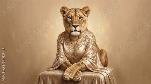 A majestic lioness wearing a shimmering golden silk robe sitting in a regal portrait.