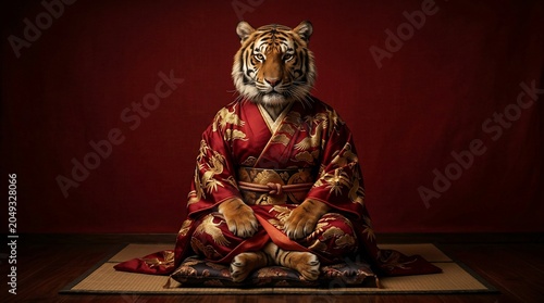 A Majestic Tiger Head Humanoid Sitting in Traditional Kimono Robe.