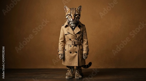 A mysterious cat character wearing a beige trench coat.