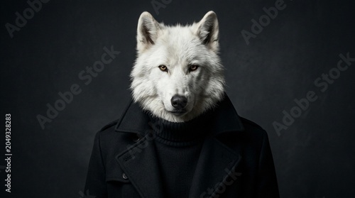 A mysterious portrait of a white wolf wearing a black coat.