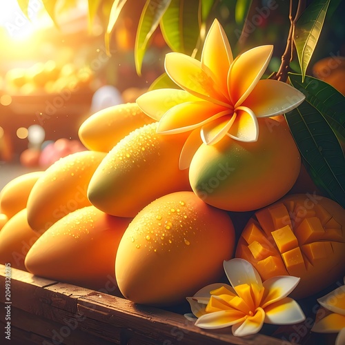 A vibrant pile of mangoes with flowers on a wooden surface