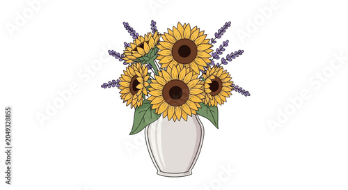 Sunflower and Lavender Bouquet in White Vase - Summer Floral Arrangement