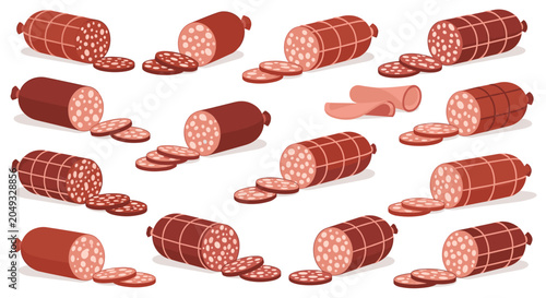 Large selection of various types of whole and sliced salami and sausage products arranged in rows for a food presentation.