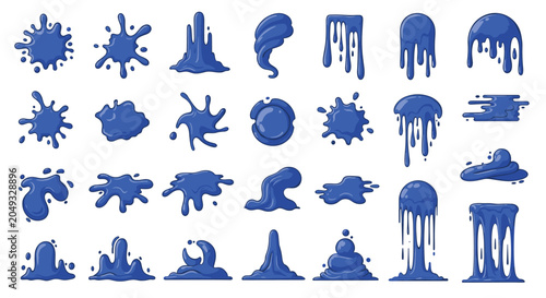 Collection of blue liquid splashes, drips, and slime puddles in various shapes and forms for creative design elements.