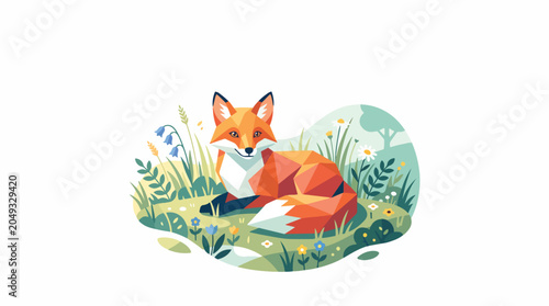 Canvas Print Cute orange fox resting in grass.