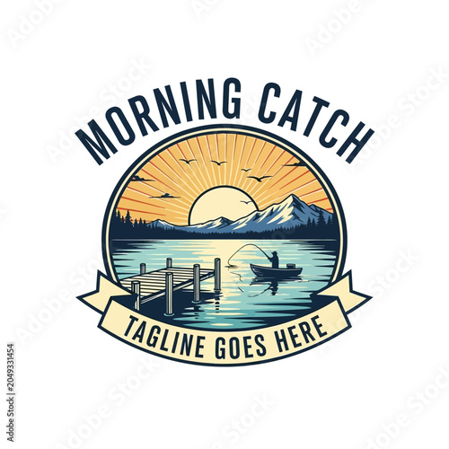 Obraz na plátně Detailed vintage-style fishing emblem featuring a lake scene with a pier, boat, and rising sun