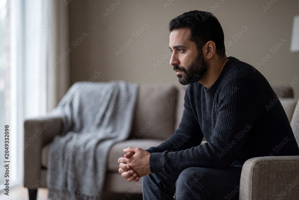 Fototapeta premium Sad Man Sitting Alone at Home Feeling Depressed