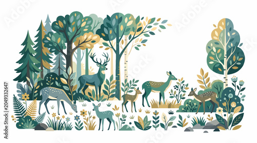 Canvas Print Deer and forest animals in woods.