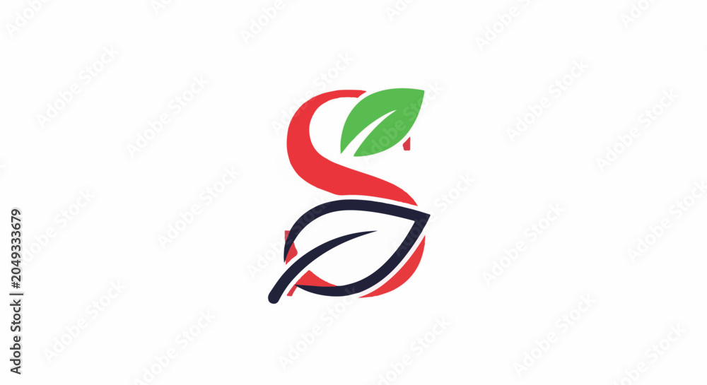 Obraz premium Stylized letter 'S' with red flourish, green leaf, and blue outlined leaf