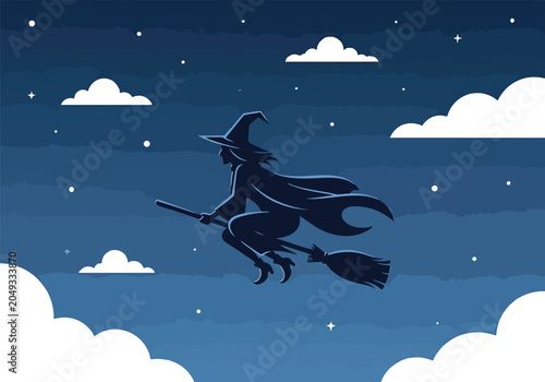 Konstfotografi A dark silhouette of a witch flying on a broomstick