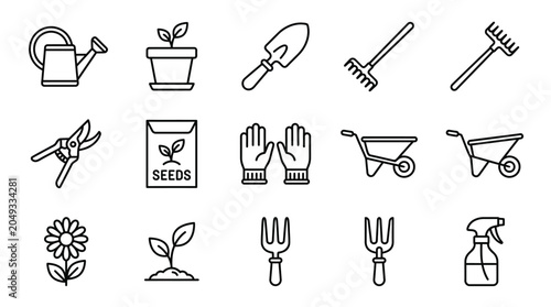 Slika na platnu Collection of gardening tools and supplies, presented as simple line art icons