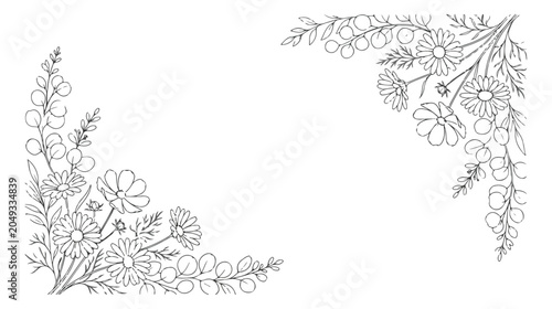 Tableau sur toile Hand drawn wildflower corner borders, botanical line art floral frame, black and