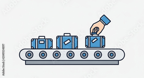 Hand placing luggage on a conveyor belt for travel.
