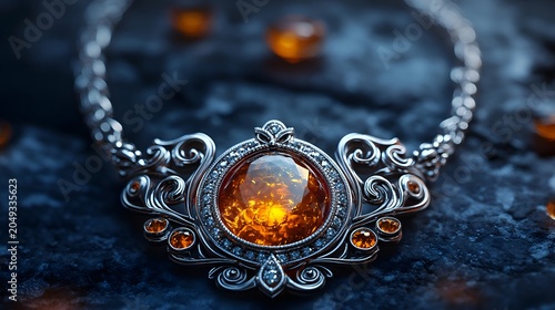 amber necklace on black background