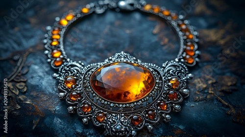 amber necklace on black background