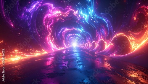 A vibrant, swirling tunnel of neon colors stretching into the distance
