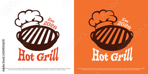 Hot grill chef logo design illustration vector. Grill pan with chef hat and fire silhouette. Restaurant barbecue kitchen icon symbol.