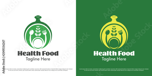 Health food leaf logo design illustration vector. Organic dish cloche with spoon fork and leaf silhouette. Natural healthy restaurant icon symbol.