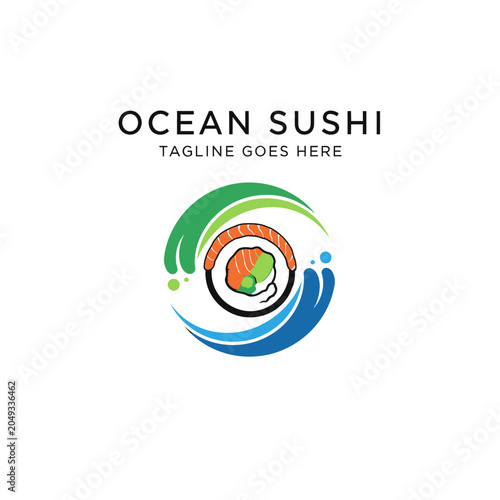 Dynamic seafood restaurant logo featuring a sushi roll encased in flowing ocean waves symbolizing freshness.
