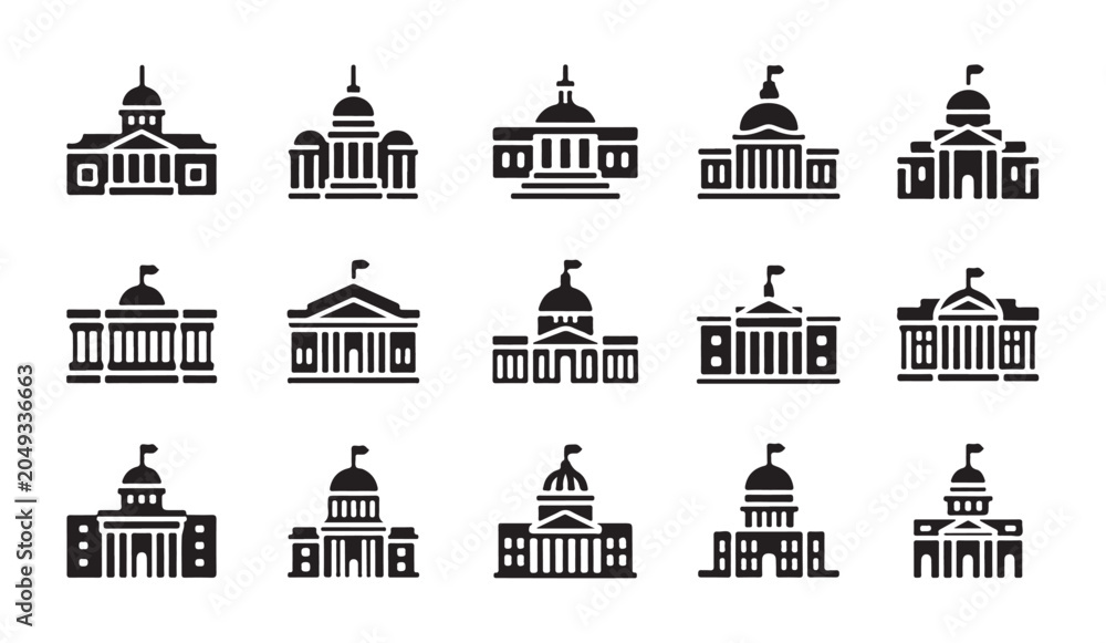 Fototapeta premium Set of government building black glyph icons representing capitol and parliament structures.