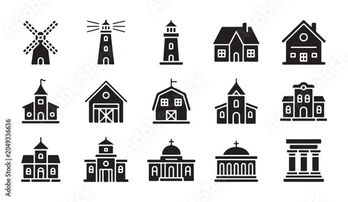 Obraz na płótnie Set of village and religious building black glyph icons including windmill, lighthouse, church