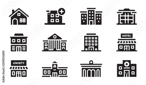 Obraz na płótnie Urban building and city architecture icons set including house office hotel and hospital