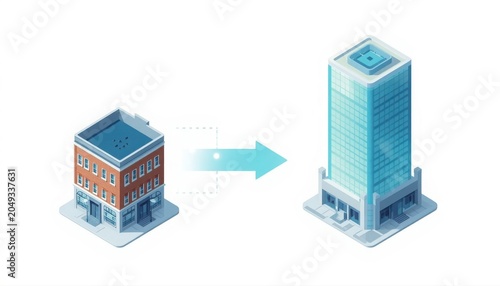 Isometric concept of urban redevelopment small building to modern skyscraper with building skyscraper development isometric architecture construction renovation transformation business