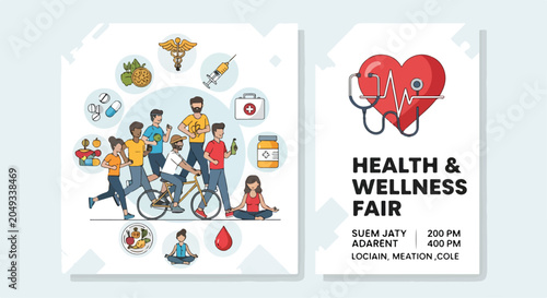 Fotografía A health and wellness fair poster with people exercising and healthy icons