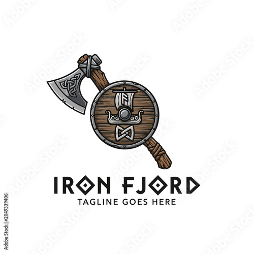 Cuadro en lienzo A powerful viking warrior themed logo featuring a detailed battle axe and ancient wooden shield with runic symbols