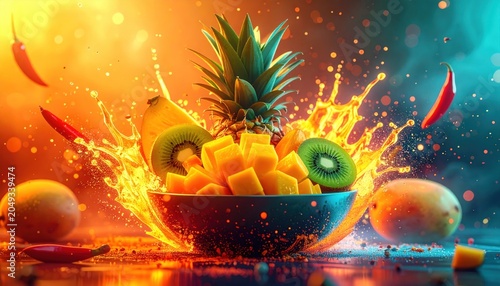 Vibrant fruit bowl bursting with juice and chili peppers, vivid lighting
