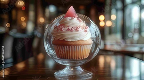 Delicious vanilla cupcake with pink frosting and sprinkles presented under a glass dome