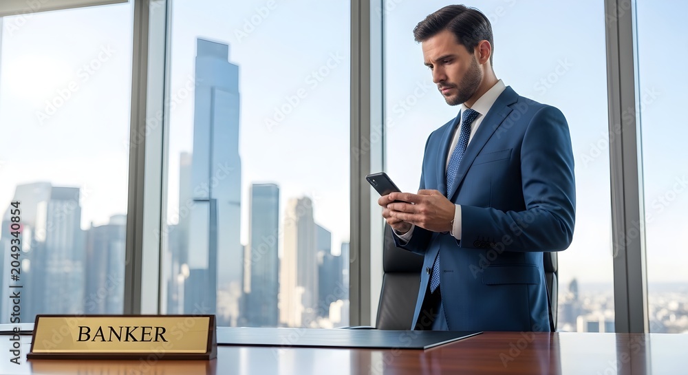Fototapeta premium Banker Using Smartphone in Modern Office with City Skyline View, Business Workplace, Indoor Environment