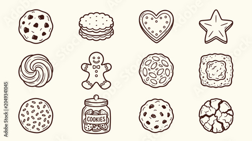 Photos A charming collection of hand-drawn cookie illustrations, featuring various shapes and designs on a light background